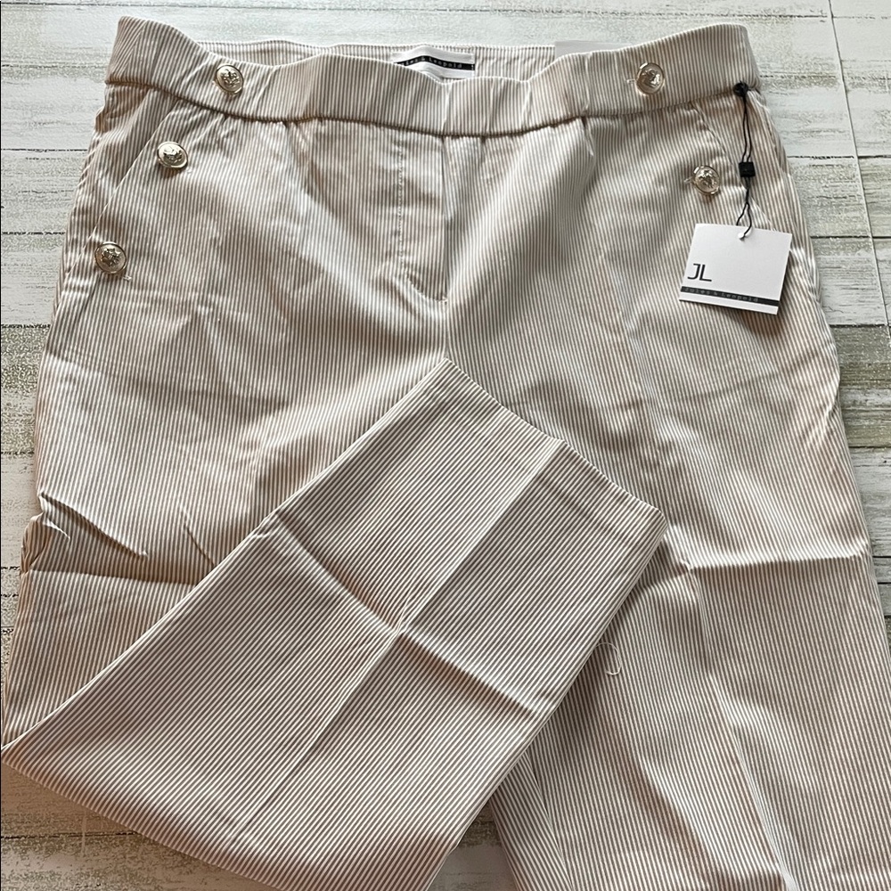 Jules & Leopold Pull on Slim Leg Crop Beige-Striped Sailor Pants Gold Buttons